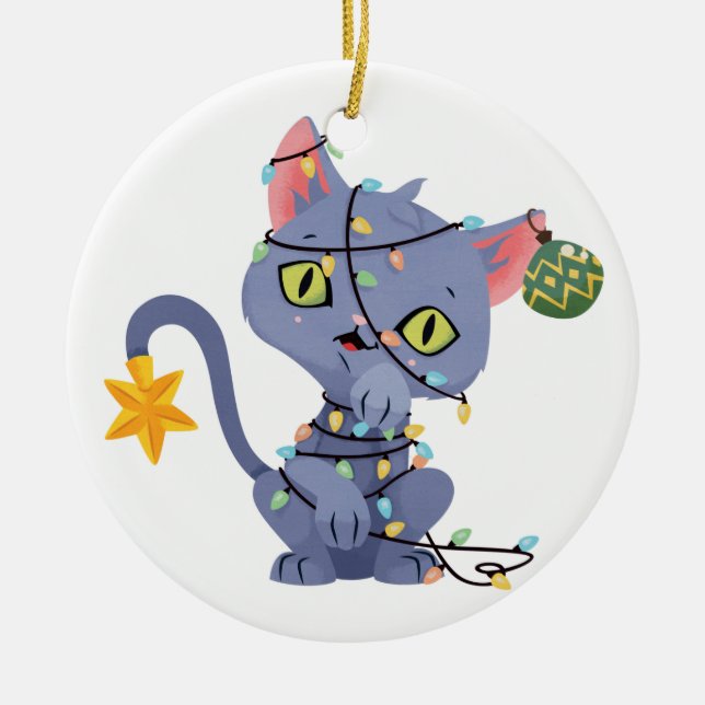 Ornamento De Cerâmica Gato Tangido nas Luzes de Natal (Frente)
