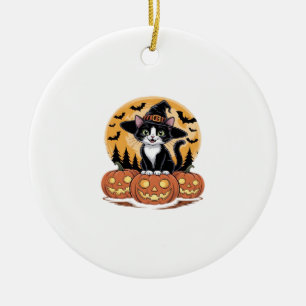 Ornamento De Cerâmica Gato Tuxedo Halloween Bruxa Abóboras Fofo Essencia