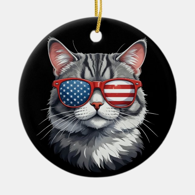 Ornamento De Cerâmica Gato Vestindo óculos escuros bandeira americana 4º (Frente)