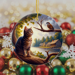 Ornamento De Cerâmica Gato Xadrez Curioso Lembrança