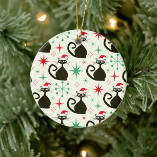 Ornamento De Cerâmica Gatos Atômicos do Natal em Estilo Retro de Meados