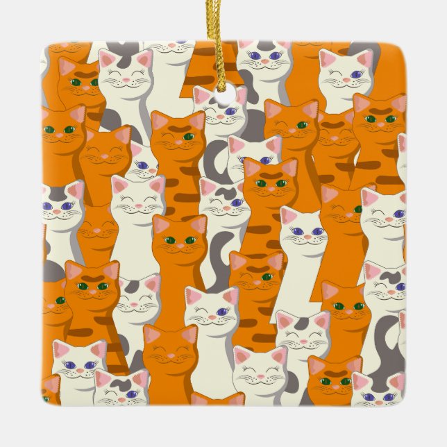 Ornamento De Cerâmica Gatos brancos e gengibres padrão olhos verdes olho (Frente)