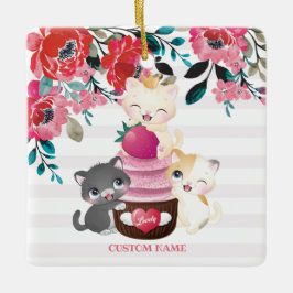 Ornamento De Cerâmica Gatos de Desenho Animado Floral Caprichoso Cupcake