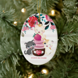 Ornamento De Cerâmica Gatos de Desenho Animado Floral Caprichoso Cupcake