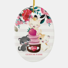 Ornamento De Cerâmica Gatos de Desenho Animado Floral Caprichoso Cupcake