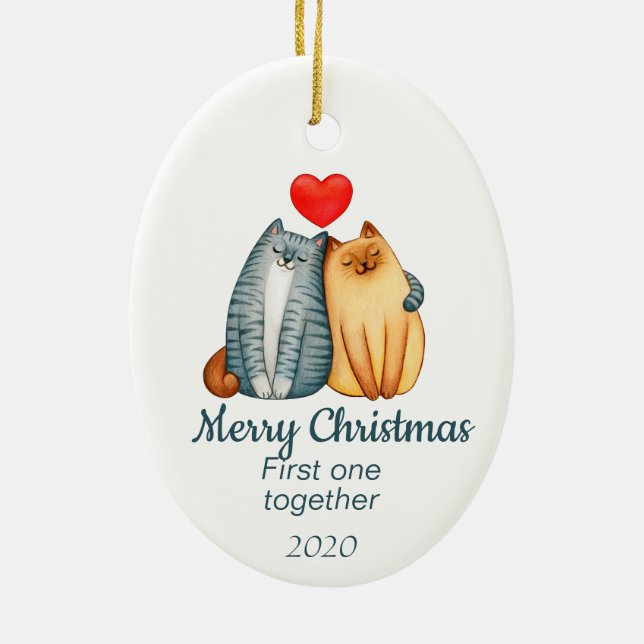 Ornamento De Cerâmica Gatos de Natal Datas Personalizados Primeiro Junto (Verso)