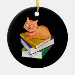Ornamento De Cerâmica Gatos e Livros