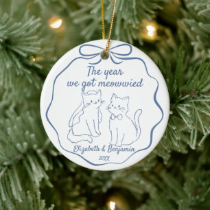 Ornamento De Cerâmica Gatos Engraçados Desenhados à Mão 1º Natal Casados