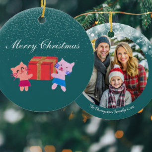 Ornamento De Cerâmica Gatos festivos com caixa de presentes verde escuro