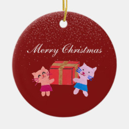 Ornamento De Cerâmica Gatos festivos com caixa de presentes vermelho fot