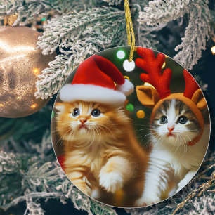 Ornamento De Cerâmica Gatos fofos com Papai Noel e chapéus de rena