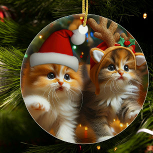 Ornamento De Cerâmica Gatos fofos com Papai Noel e chapéus de rena
