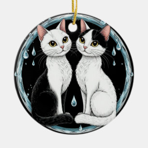 Ornamento De Cerâmica Gatos Gêmeos Pretos e Brancos Sentados Juntos