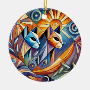 Ornamento De Cerâmica Gatos Geométricos Abstratos com Cores Vibrantes