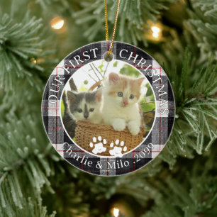 Ornamento De Cerâmica Gatos Nosso Primeiro Natal Foto Xadrez