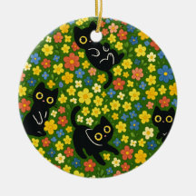 Gatos Pretos Fofos Padrão de Prado Floral