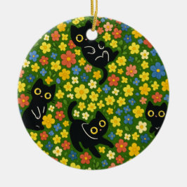 Ornamento De Cerâmica Gatos Pretos Fofos Padrão de Prado Floral