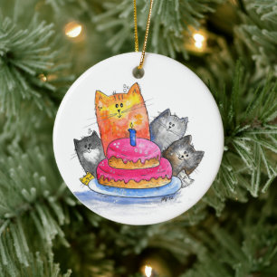 Ornamento De Cerâmica Gatos Whimsso com Bolo de Aniversário