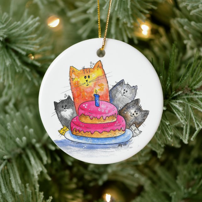 Ornamento De Cerâmica Gatos Whimsso com Bolo de Aniversário (Árvore)