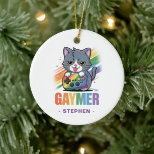 Ornamento De Cerâmica Gaymer - Gato de Jogos Arco-Íris com Console   LGB