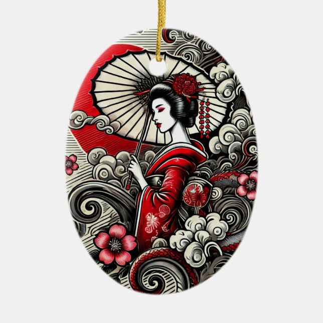 Ornamento De Cerâmica Geisha Art Cerâmica Ornament - Japonês Elegância (Frente)