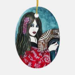 Ornamento De Cerâmica Geisha com ventilador