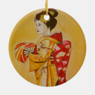 Ornamento De Cerâmica Geisha gold kimono original de aquarela