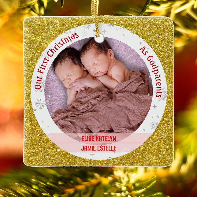 Ornamento De Cerâmica Gêmeas Meninas 1rua Xmas Como Padrões 2 Fotos (Elegant Modern Cute Golden First Christmas as Godparents Twin Girls Photo Swaddled Babies Glitter)