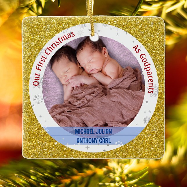 Ornamento De Cerâmica Gêmeos Bebês 1rua Xmas Como Padrinhos 2 Fotos (Elegant Modern Cute Golden Our First Christmas as Godparents Twin Boys Photo Swaddled Baby Glitter)