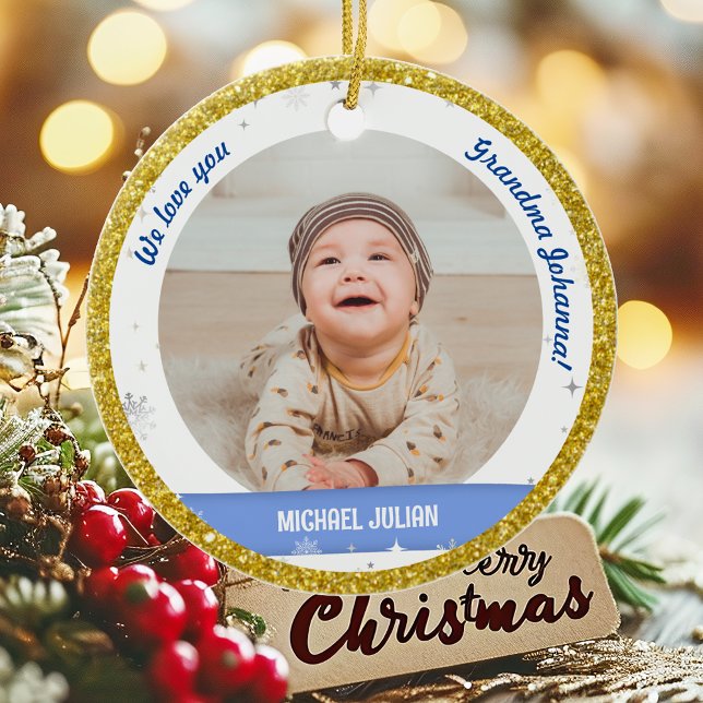 Ornamento De Cerâmica Gêmeos Fotos Vovó Fofo Primeiro Natal (Cute Modern Elegant Personalized First Christmas Baby We love you Grandma Twin Boys 2 Photos Golden)