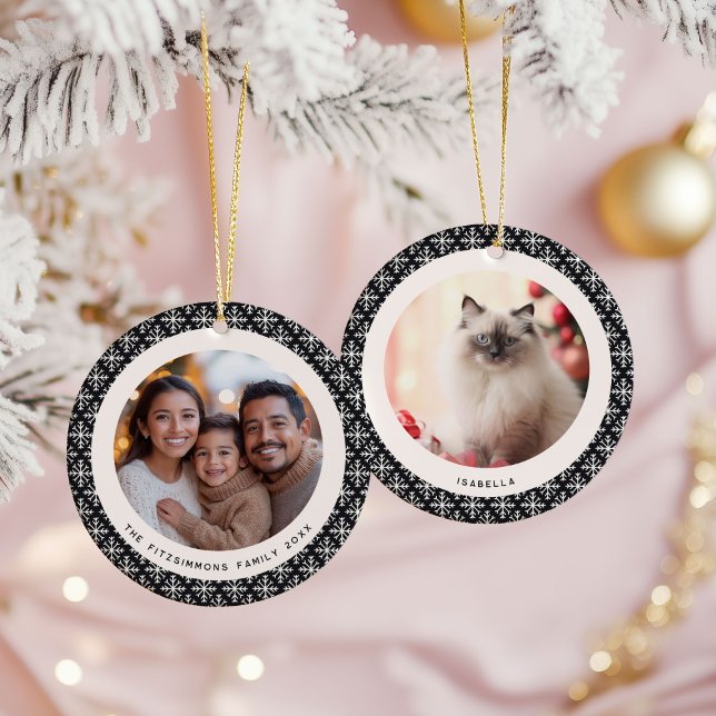 Ornamento De Cerâmica Geometric Black and White Scandinavian 2 Photos (Neutral Snowflake Modern 2 Photos Christmas Ornament black)