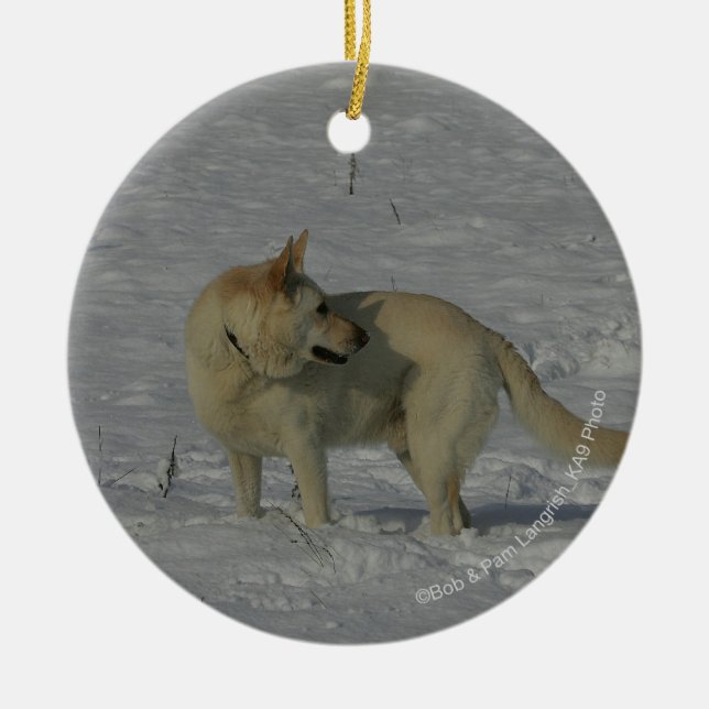 Ornamento De Cerâmica German shepherd branco na neve (Frente)