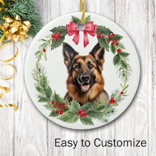 Ornamento De Cerâmica German shepherd Cão Vermelho Arco Holly Wreath