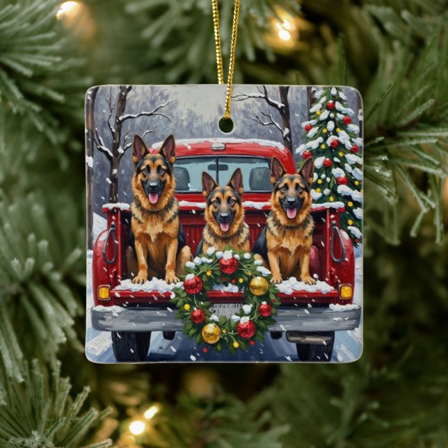 Ornamento De Cerâmica German Shepherd Christmas Red Truck Holiday (Árvore)