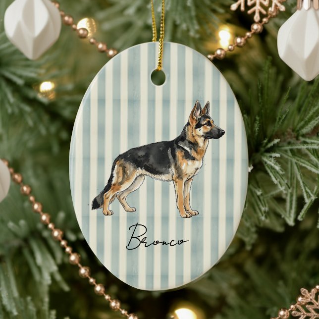 Ornamento De Cerâmica German shepherd de Aquarela com Retrato Retrato de (Celebrate the holidays with this timeless, vintage striped pet portrait! )