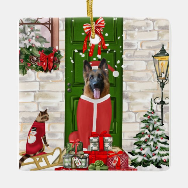 Ornamento De Cerâmica German shepherd de Natal (Frente)
