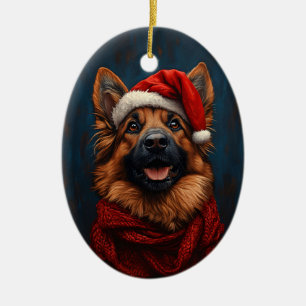 Ornamento De Cerâmica German shepherd em um Chapéu Santa
