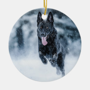 Ornamento De Cerâmica German shepherd preto no Cobrir da escova de neve