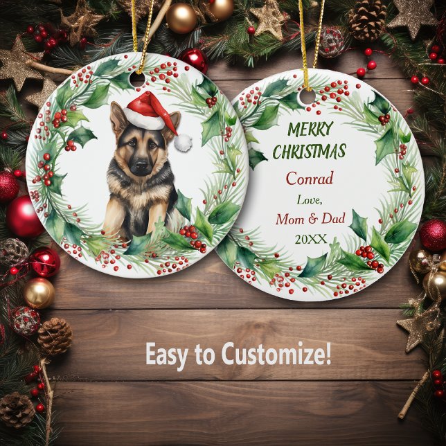 Ornamento De Cerâmica German shepherd Puppy Holly Wreath Natal (Criador carregado)