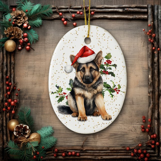 Ornamento De Cerâmica German shepherd Puppy Natal Holly (Criador carregado)