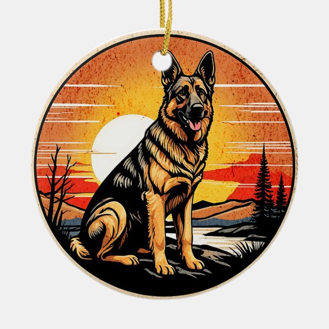 Ornamento De Cerâmica German Shepherd Retro Sunset Dog Lover (Frente)