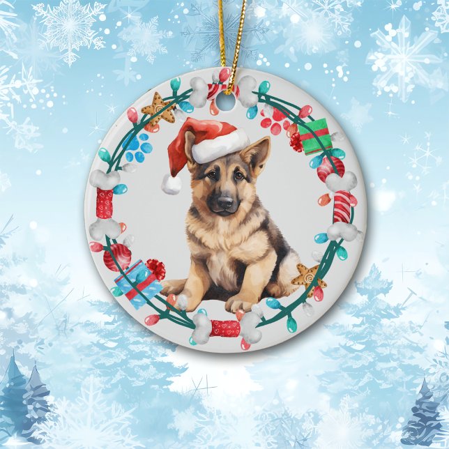 Ornamento De Cerâmica German shepherd Santa Hat, Puppy Bone Wreath (Criador carregado)