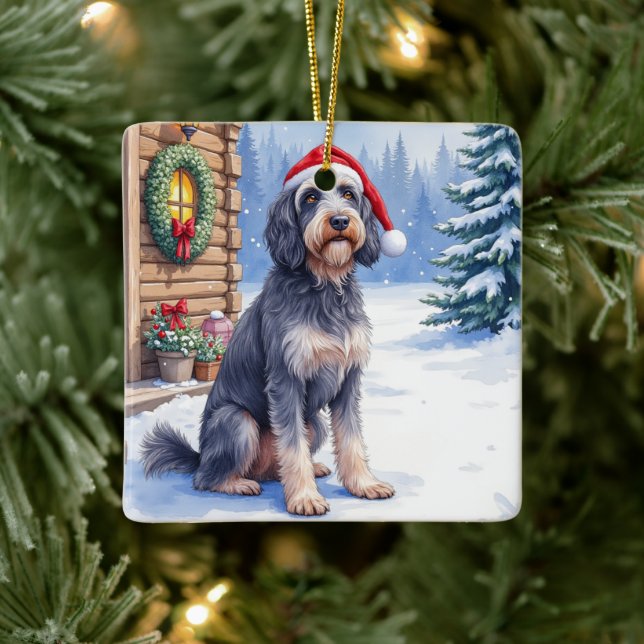 Ornamento De Cerâmica German Wirehaired Pointer Snowy Lodge Santa Hat (Árvore)