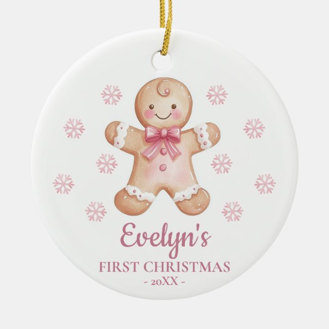 Ornamento De Cerâmica Gingerbread Personalized Girl's First Christmas (Frente)