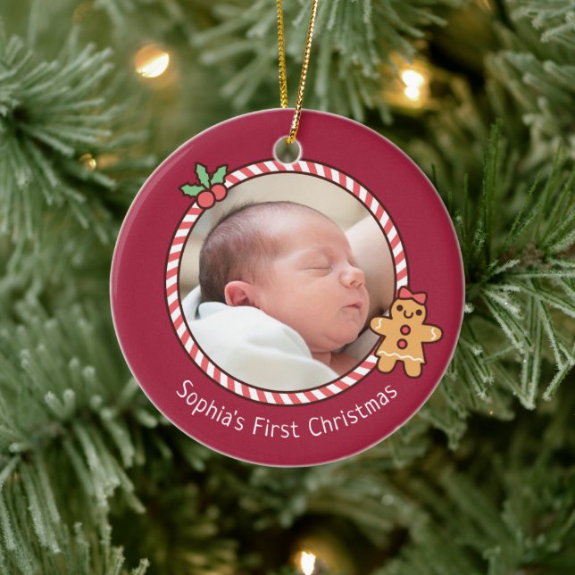Ornamento De Cerâmica Gingercake Baby First Christmas Photo (Árvore)