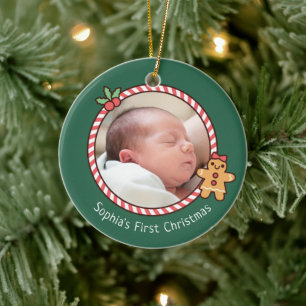 Ornamento De Cerâmica Gingercake Baby First Christmas Photo