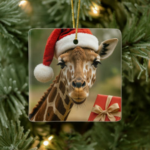 Ornamento De Cerâmica Girafa de Natal com Presente de Festa