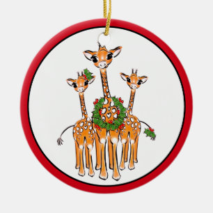 Ornamento De Cerâmica Girafa de Natal Festiva, coroa verde vermelha