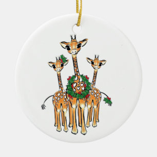 Ornamento De Cerâmica Girafa de Natal Festiva, coroa verde vermelha