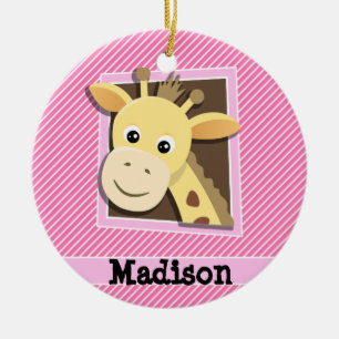 Ornamento De Cerâmica Girafa em tiras rosa e brancas